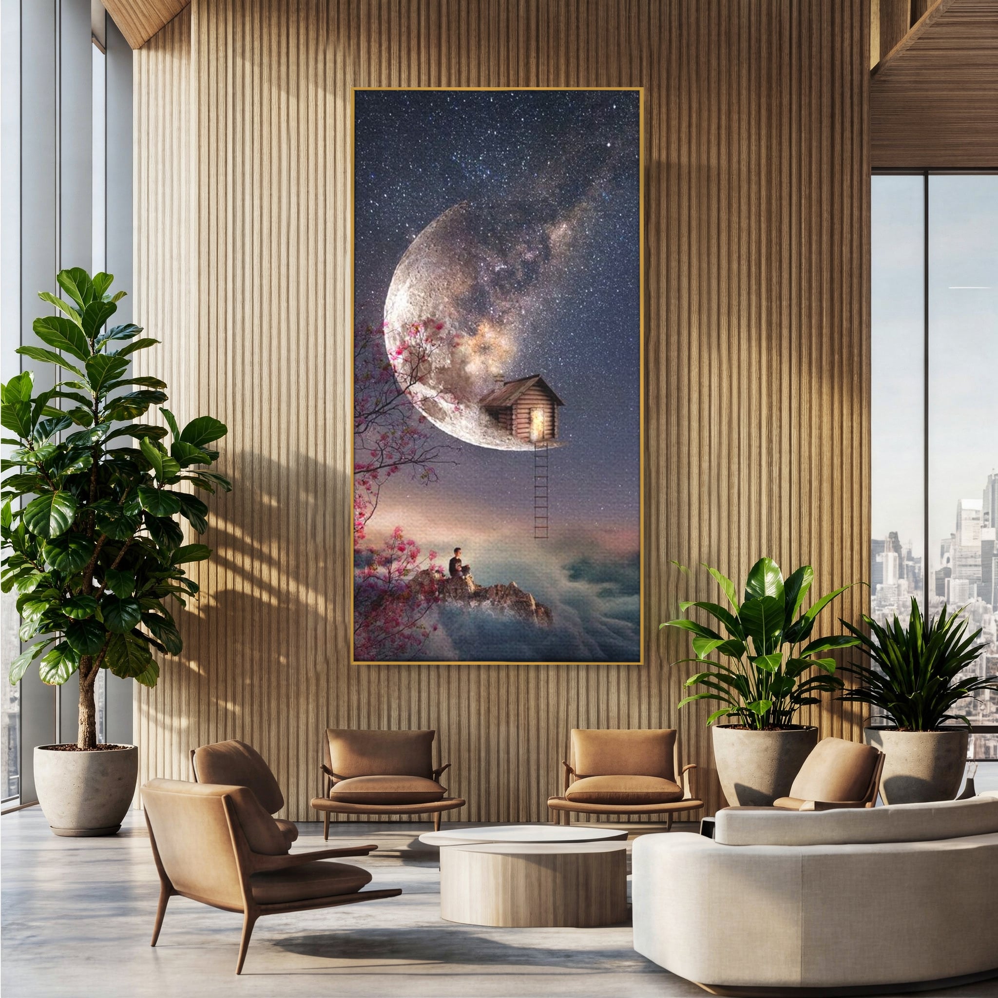 Tablou canvas cu ilustratie digitala cu casa pe luna, in rama de aluminiu auriu, pe perete intr-un birou